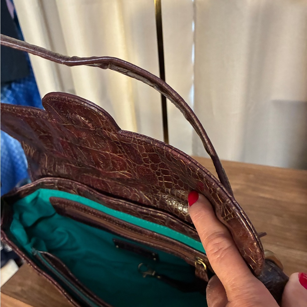 Kate Landry Leather Croc-Embossed Shoulder Bag  Burgundy Brass Teal interior - Picture 7 of 17
